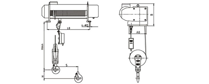 SHA型固定式鋼絲繩電動葫蘆結(jié)構(gòu)尺寸圖
