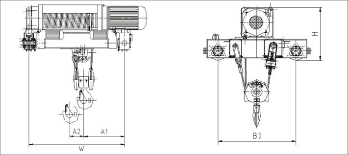 SH型雙梁小車式鋼絲繩電動(dòng)葫蘆結(jié)構(gòu)尺寸圖